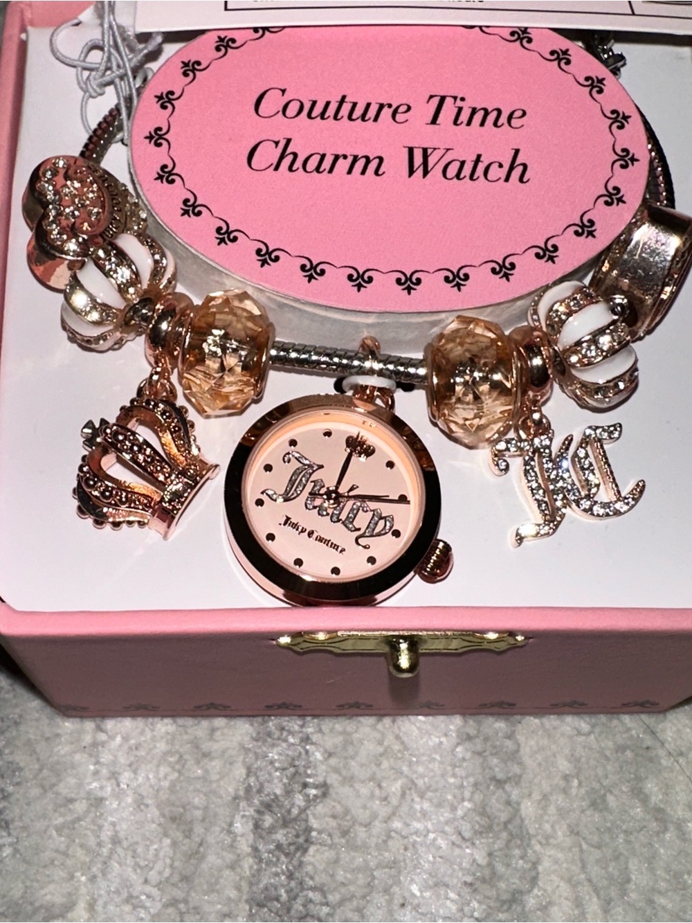 Juicy Couture Pink and Rose Gold Charm Bracelet Watch